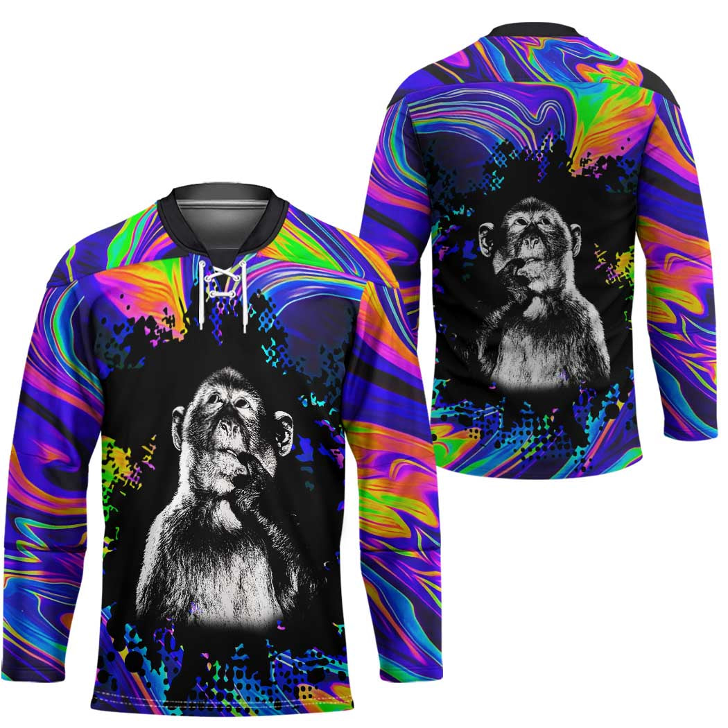 Funny Psychedelic Monkey Thinker Hockey Jersey Trippy Curiosity Vibes