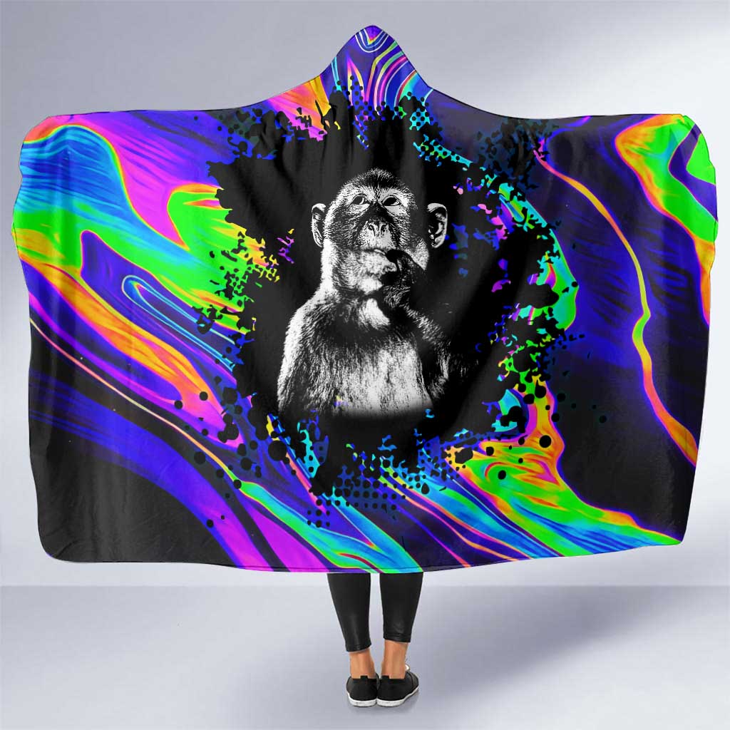 Funny Psychedelic Monkey Thinker Hooded Blanket Trippy Curiosity Vibes