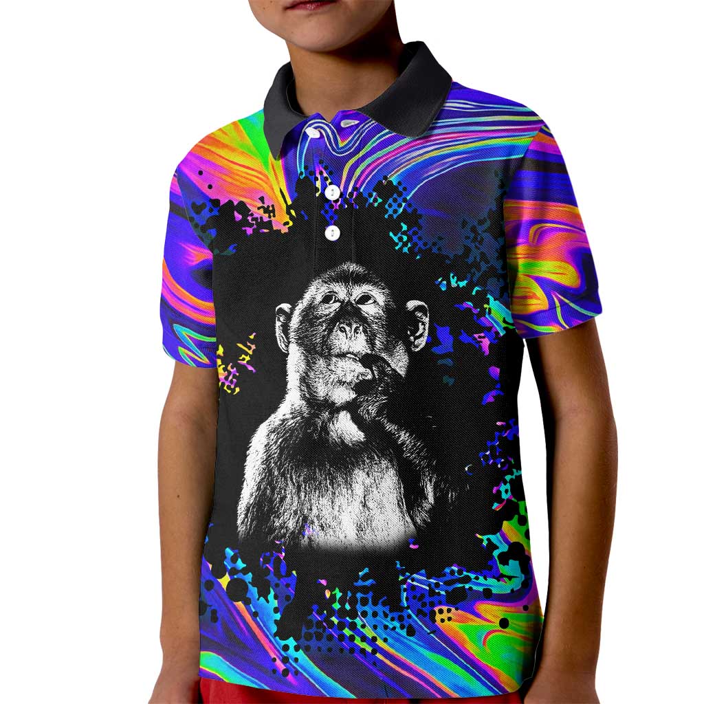 Funny Psychedelic Monkey Thinker Kid Polo Shirt Trippy Curiosity Vibes