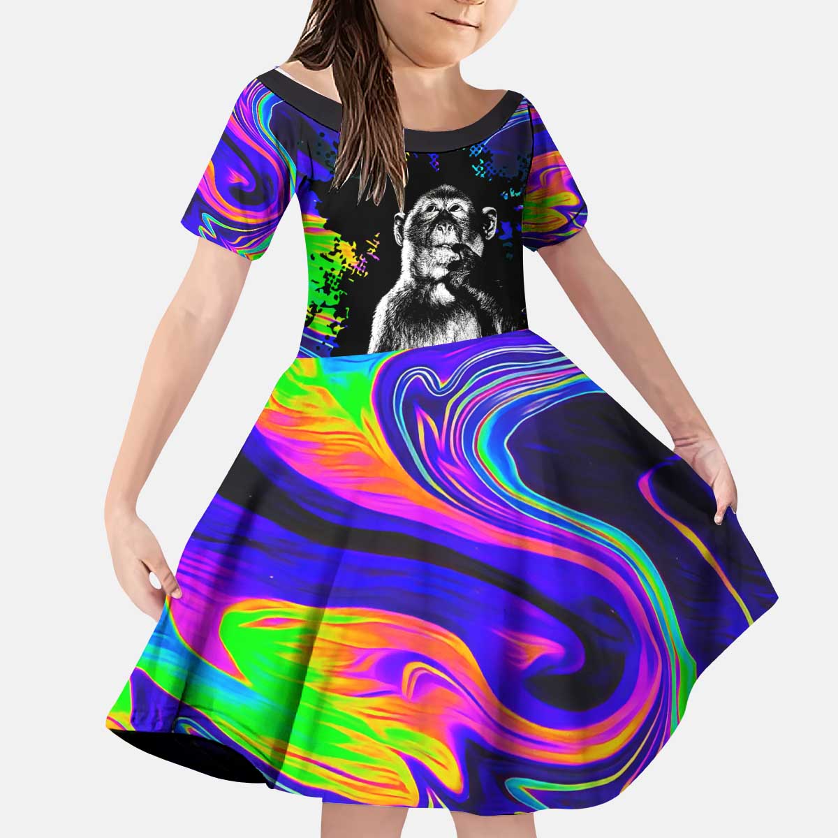 Funny Psychedelic Monkey Thinker Kid Short Sleeve Dress Trippy Curiosity Vibes