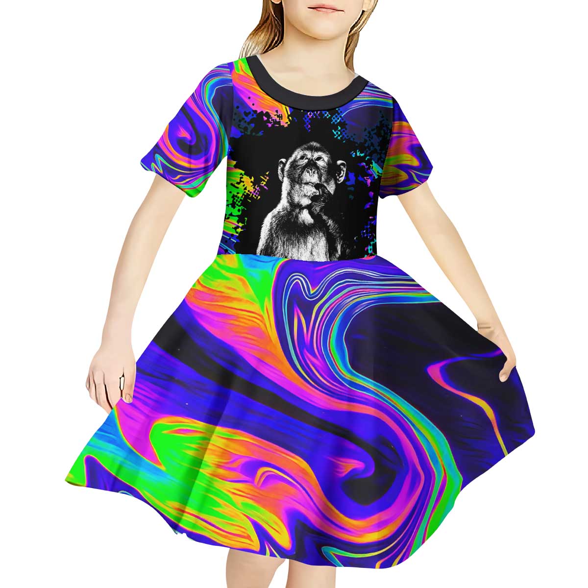 Funny Psychedelic Monkey Thinker Kid Short Sleeve Dress Trippy Curiosity Vibes