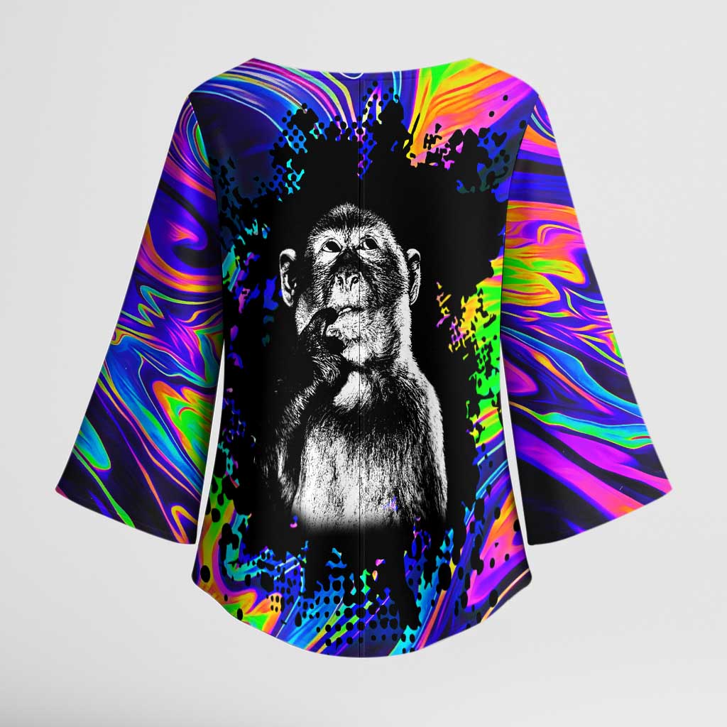 Funny Psychedelic Monkey Thinker Kimono Sleeve Blouse Trippy Curiosity Vibes