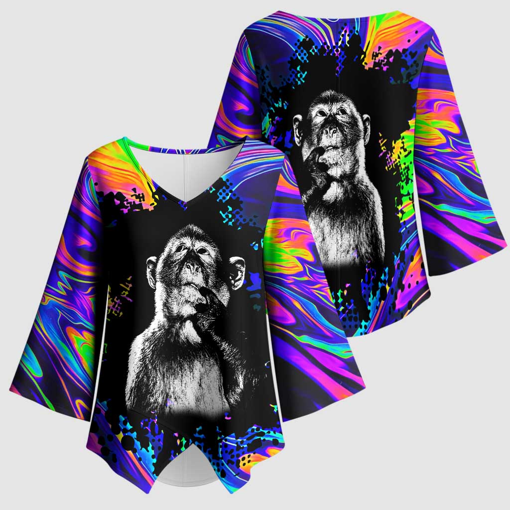 Funny Psychedelic Monkey Thinker Kimono Sleeve Blouse Trippy Curiosity Vibes
