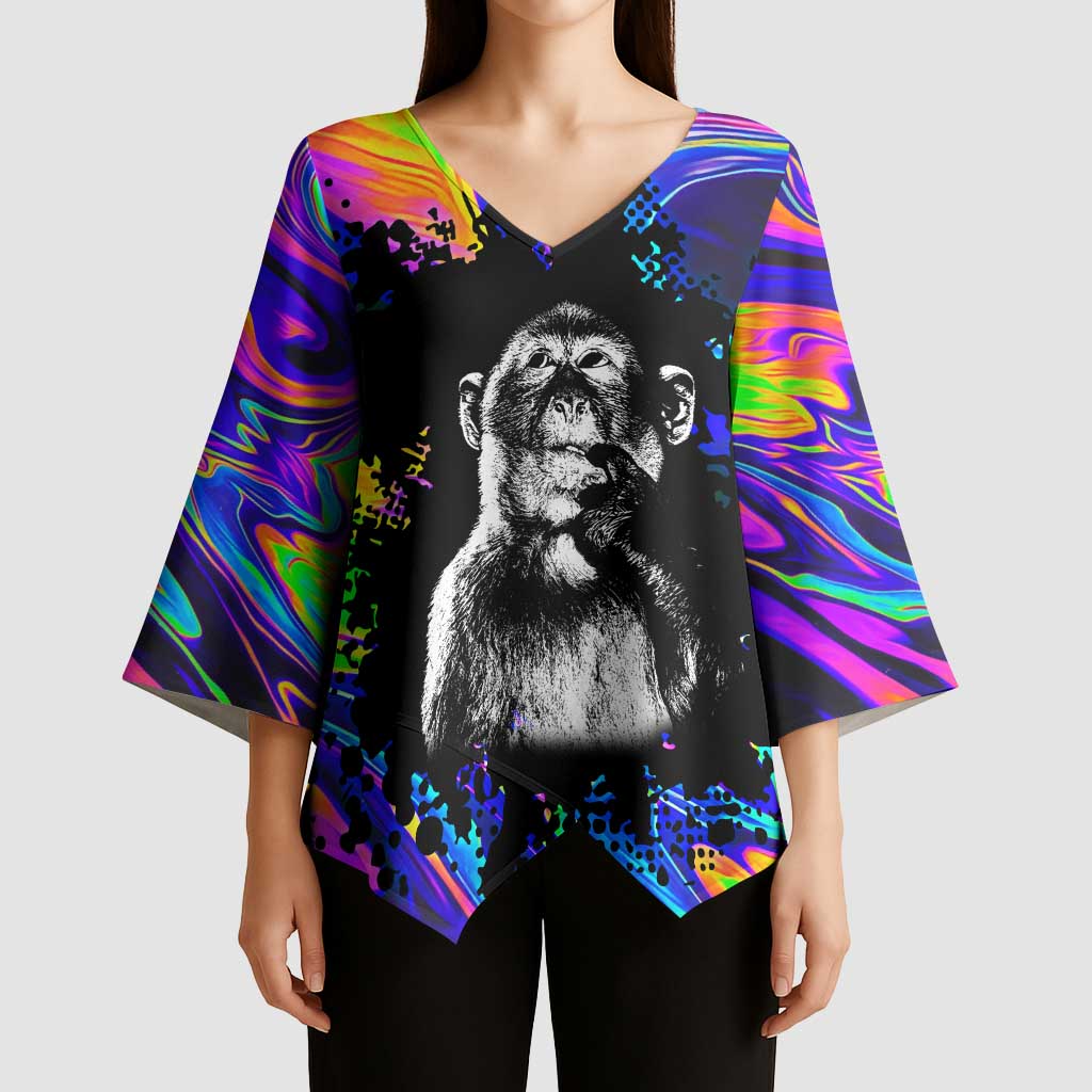 Funny Psychedelic Monkey Thinker Kimono Sleeve Blouse Trippy Curiosity Vibes