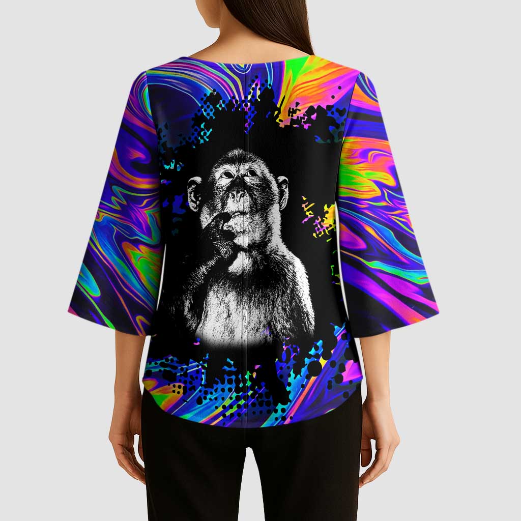 Funny Psychedelic Monkey Thinker Kimono Sleeve Blouse Trippy Curiosity Vibes