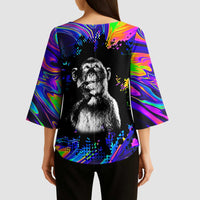Funny Psychedelic Monkey Thinker Kimono Sleeve Blouse Trippy Curiosity Vibes