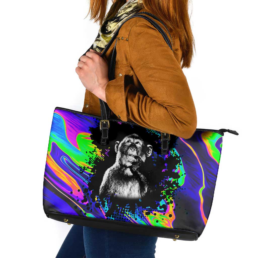 Funny Psychedelic Monkey Thinker Leather Tote Bag Trippy Curiosity Vibes