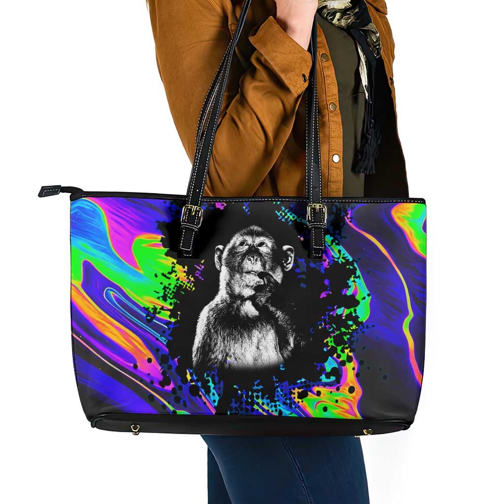 Funny Psychedelic Monkey Thinker Leather Tote Bag Trippy Curiosity Vibes