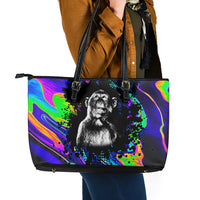 Funny Psychedelic Monkey Thinker Leather Tote Bag Trippy Curiosity Vibes