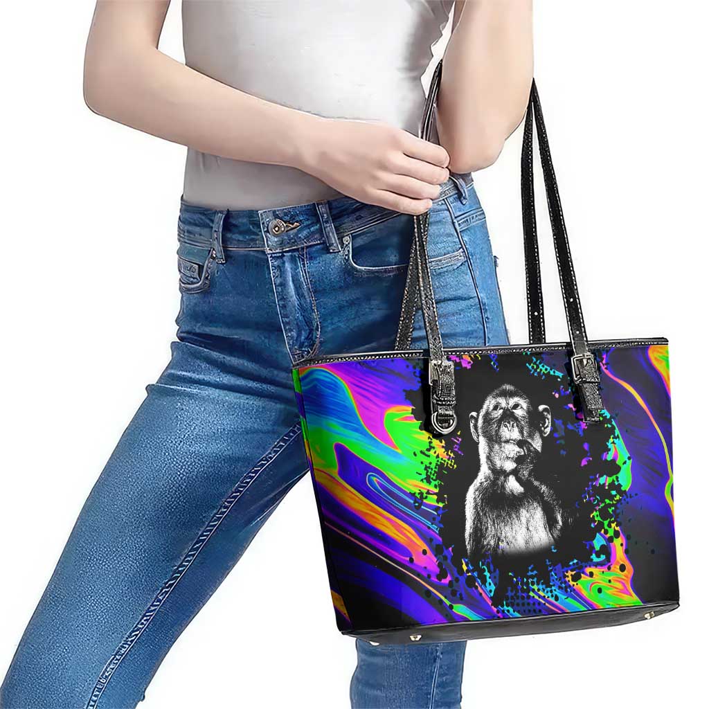 Funny Psychedelic Monkey Thinker Leather Tote Bag Trippy Curiosity Vibes