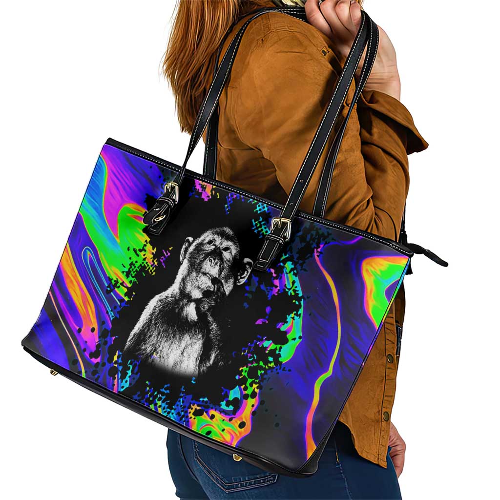 Funny Psychedelic Monkey Thinker Leather Tote Bag Trippy Curiosity Vibes