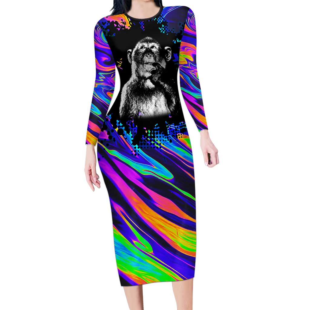 Funny Psychedelic Monkey Thinker Long Sleeve Bodycon Dress Trippy Curiosity Vibes