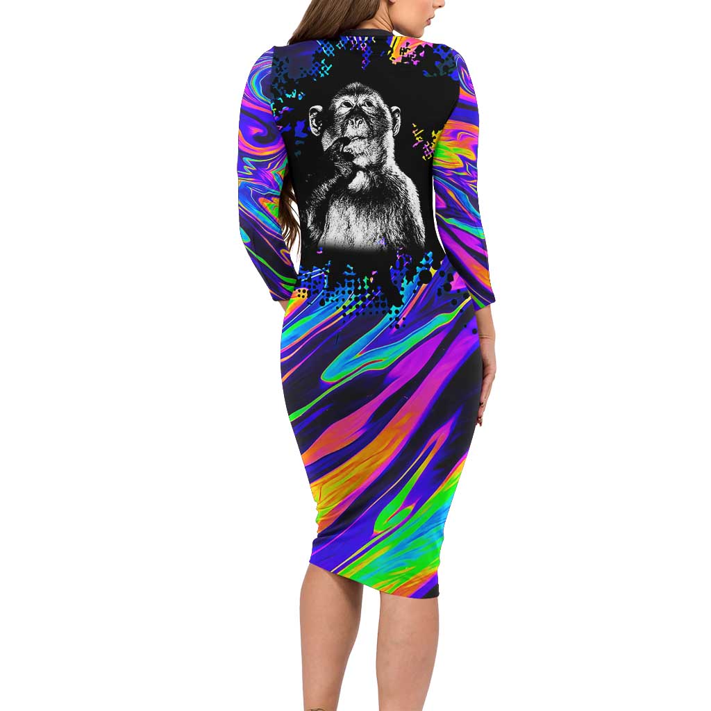 Funny Psychedelic Monkey Thinker Long Sleeve Bodycon Dress Trippy Curiosity Vibes