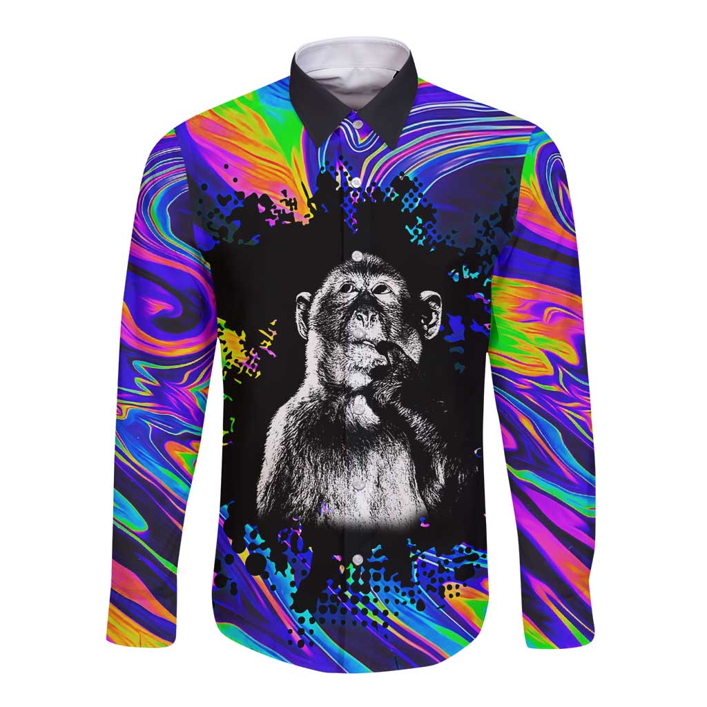 Funny Psychedelic Monkey Thinker Long Sleeve Button Shirt Trippy Curiosity Vibes