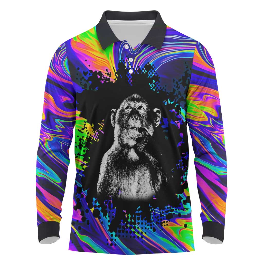 Funny Psychedelic Monkey Thinker Long Sleeve Polo Shirt Trippy Curiosity Vibes
