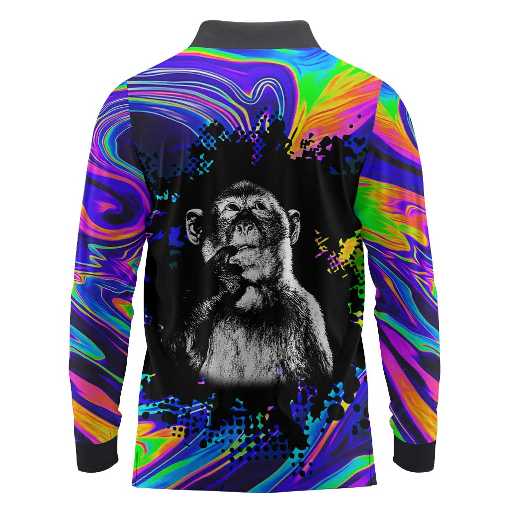 Funny Psychedelic Monkey Thinker Long Sleeve Polo Shirt Trippy Curiosity Vibes