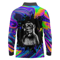Funny Psychedelic Monkey Thinker Long Sleeve Polo Shirt Trippy Curiosity Vibes