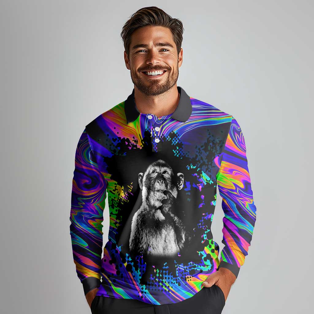 Funny Psychedelic Monkey Thinker Long Sleeve Polo Shirt Trippy Curiosity Vibes