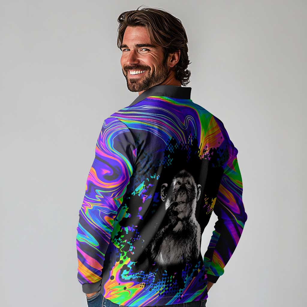 Funny Psychedelic Monkey Thinker Long Sleeve Polo Shirt Trippy Curiosity Vibes