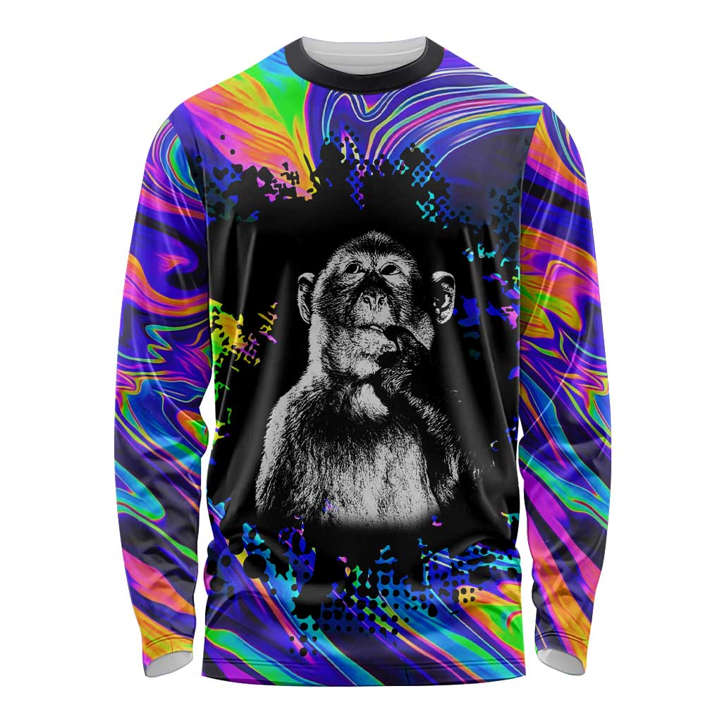 Funny Psychedelic Monkey Thinker Long Sleeve Shirt Trippy Curiosity Vibes