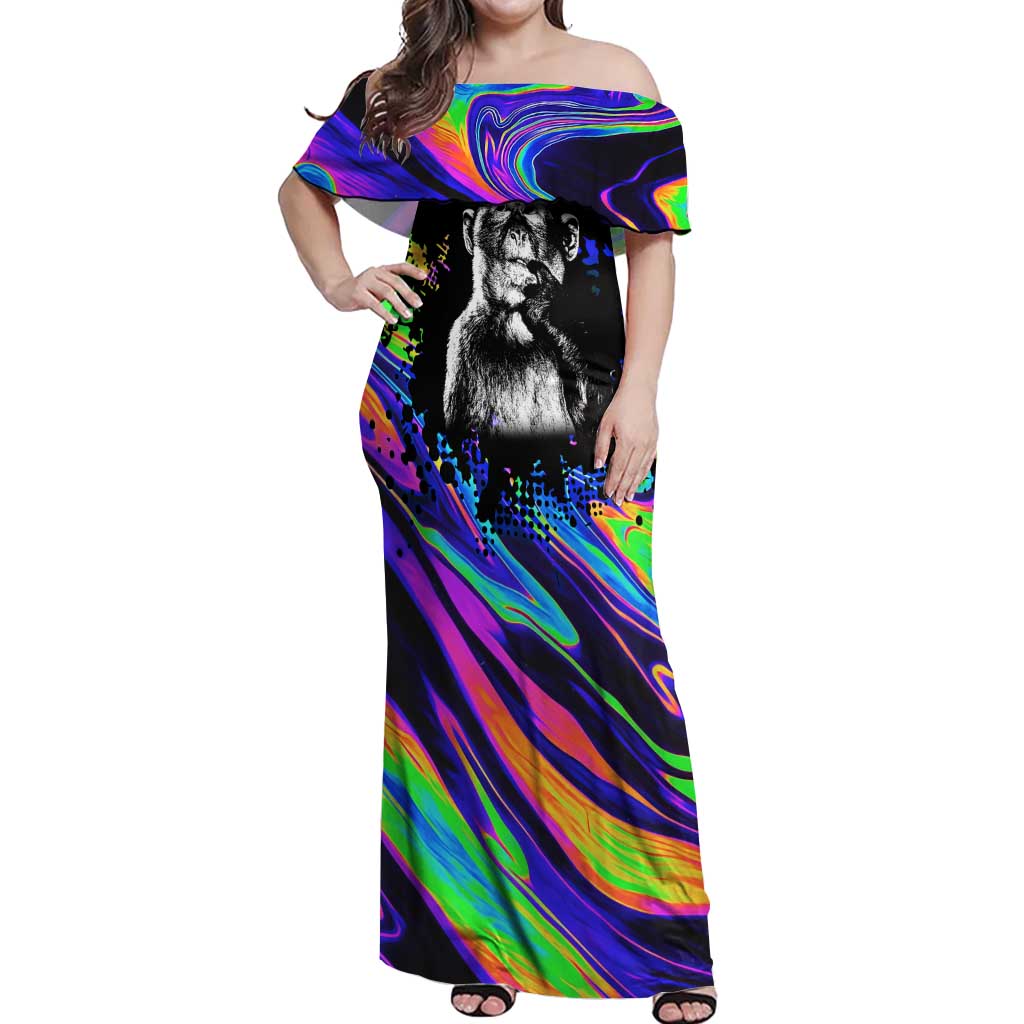 Funny Psychedelic Monkey Thinker Off Shoulder Maxi Dress Trippy Curiosity Vibes