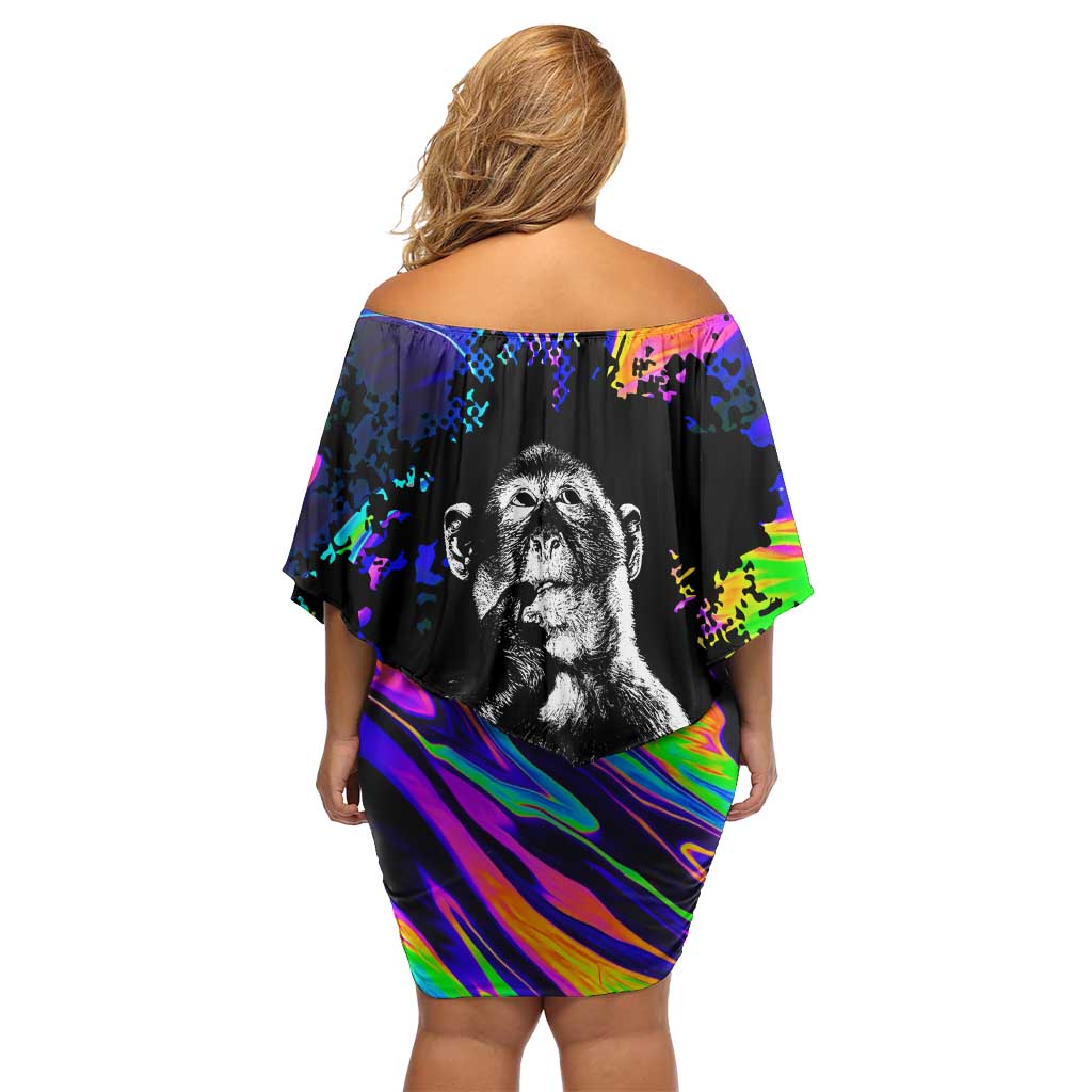 Funny Psychedelic Monkey Thinker Off Shoulder Short Dress Trippy Curiosity Vibes