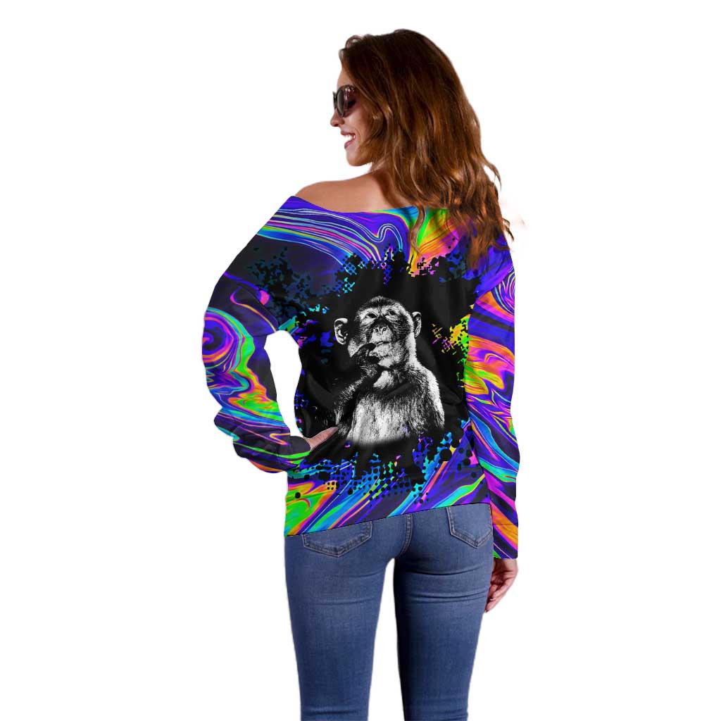 Funny Psychedelic Monkey Thinker Off Shoulder Sweater Trippy Curiosity Vibes