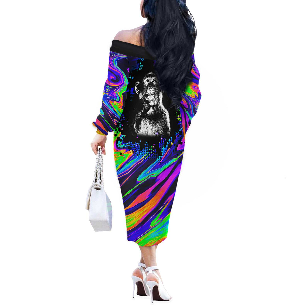 Funny Psychedelic Monkey Thinker Off The Shoulder Long Sleeve Dress Trippy Curiosity Vibes