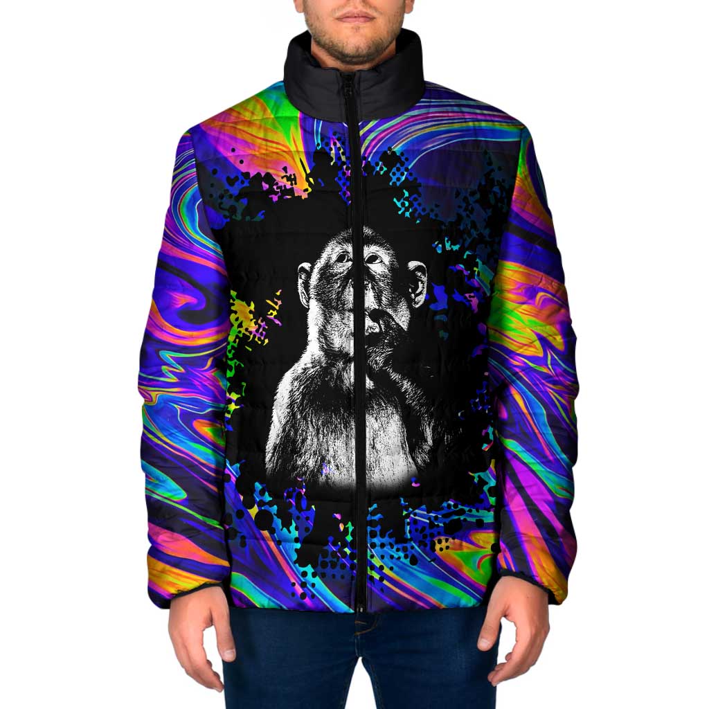 Funny Psychedelic Monkey Thinker Padded Jacket Trippy Curiosity Vibes