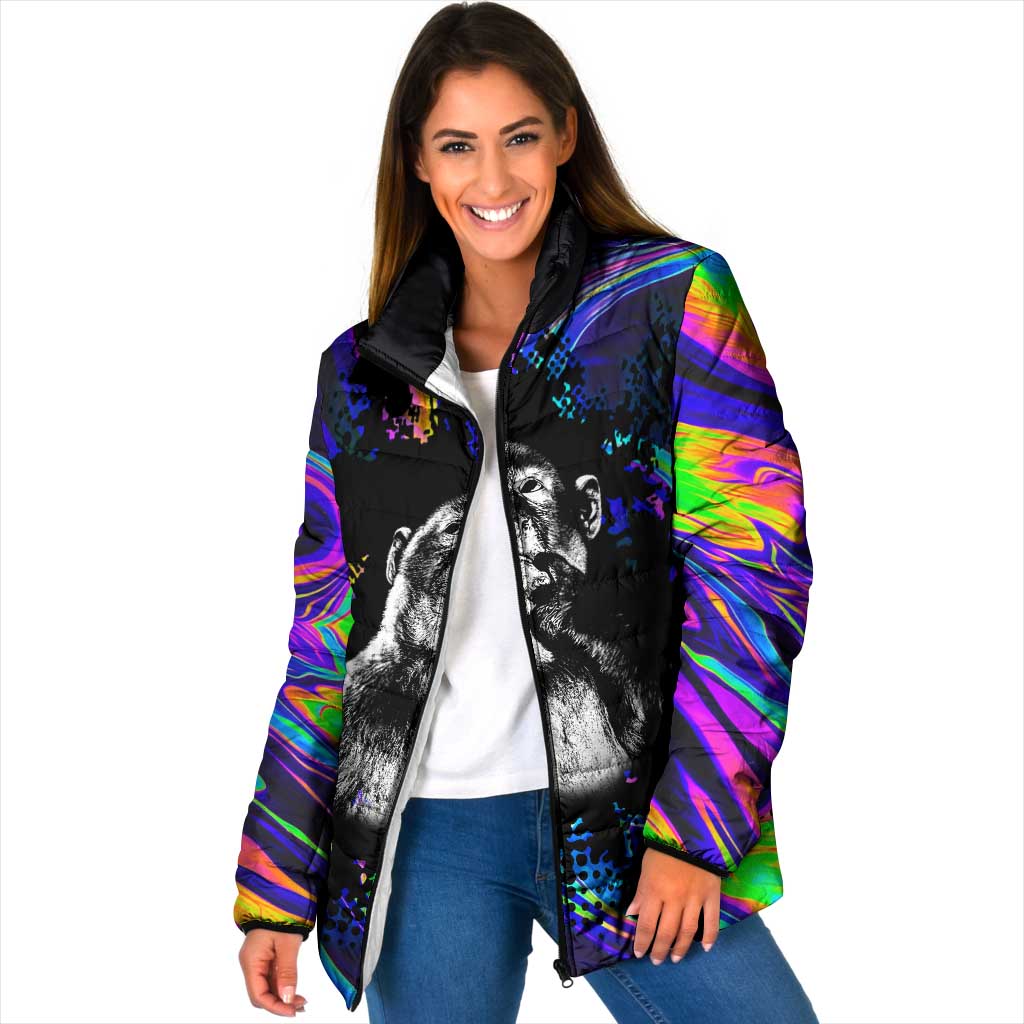 Funny Psychedelic Monkey Thinker Padded Jacket Trippy Curiosity Vibes