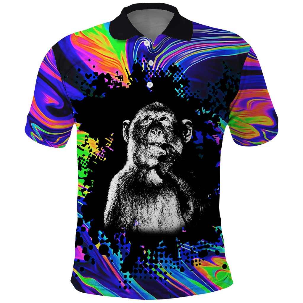 Funny Psychedelic Monkey Thinker Polo Shirt Trippy Curiosity Vibes