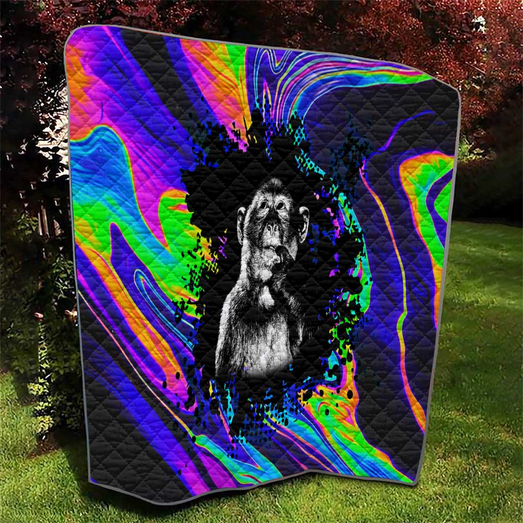 Funny Psychedelic Monkey Thinker Quilt Trippy Curiosity Vibes