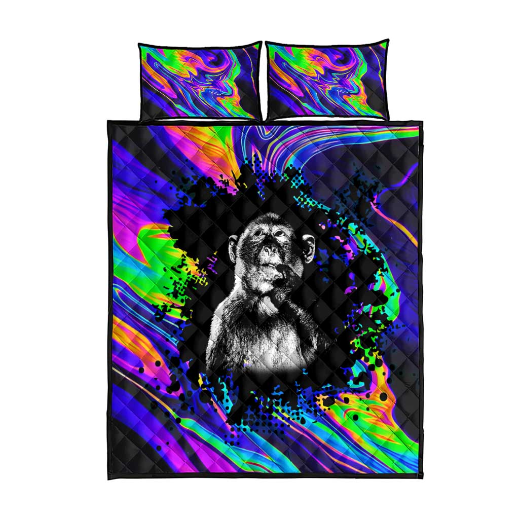 Funny Psychedelic Monkey Thinker Quilt Bed Set Trippy Curiosity Vibes