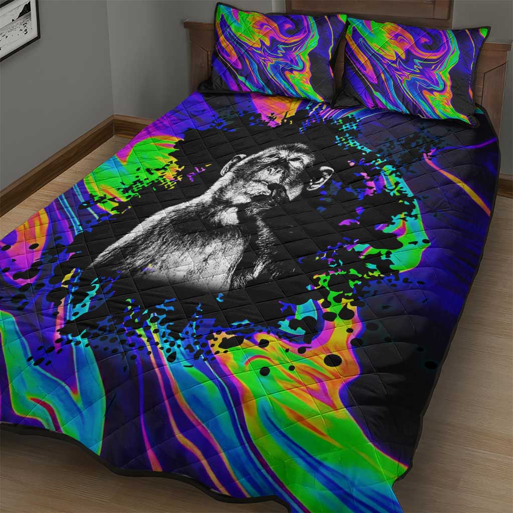 Funny Psychedelic Monkey Thinker Quilt Bed Set Trippy Curiosity Vibes