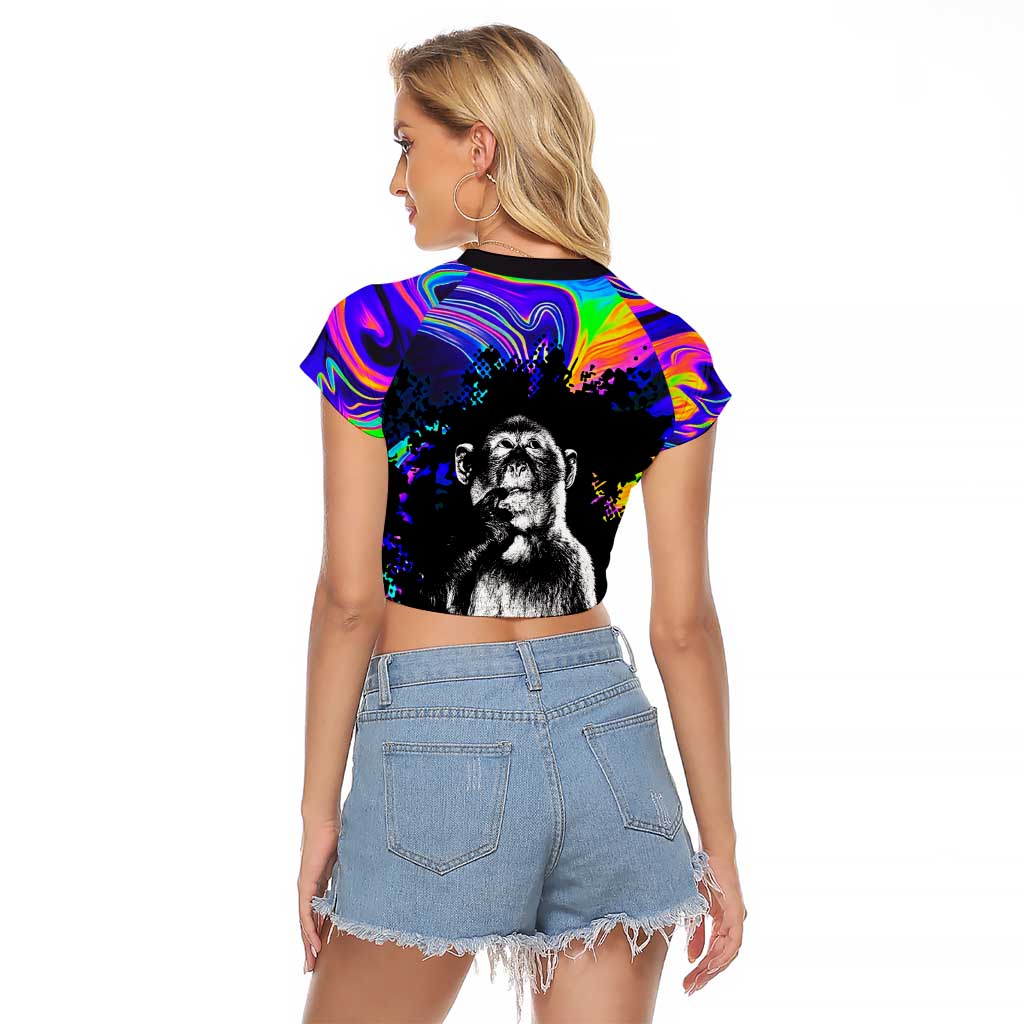 Funny Psychedelic Monkey Thinker Raglan Cropped T Shirt Trippy Curiosity Vibes