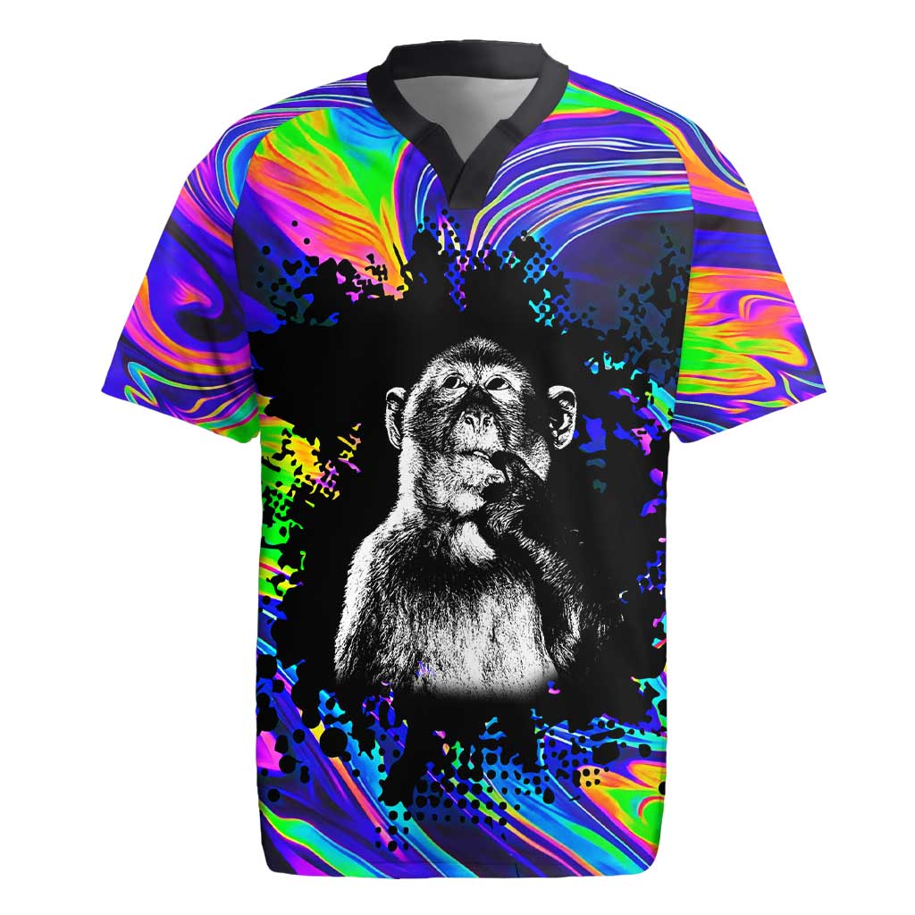 Funny Psychedelic Monkey Thinker Rugby Jersey Trippy Curiosity Vibes
