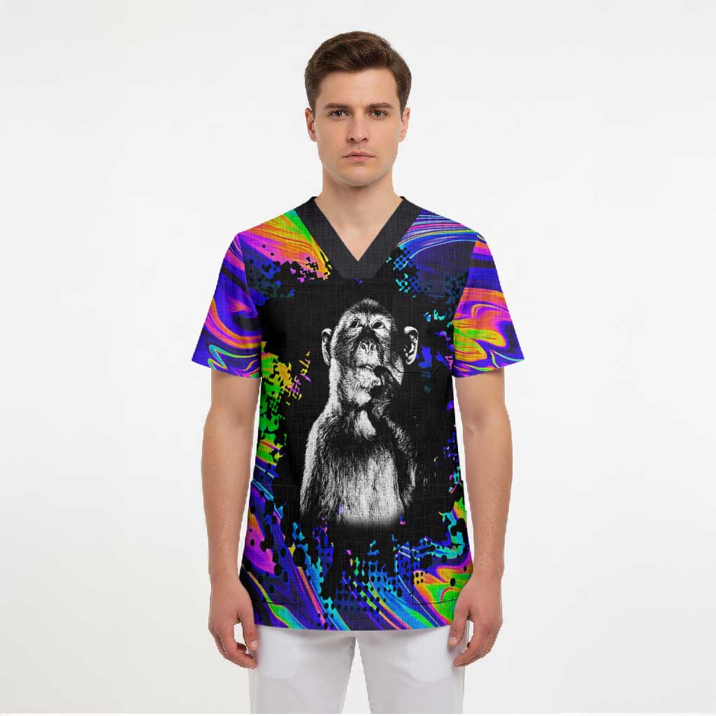 Funny Psychedelic Monkey Thinker Scrub Top Trippy Curiosity Vibes