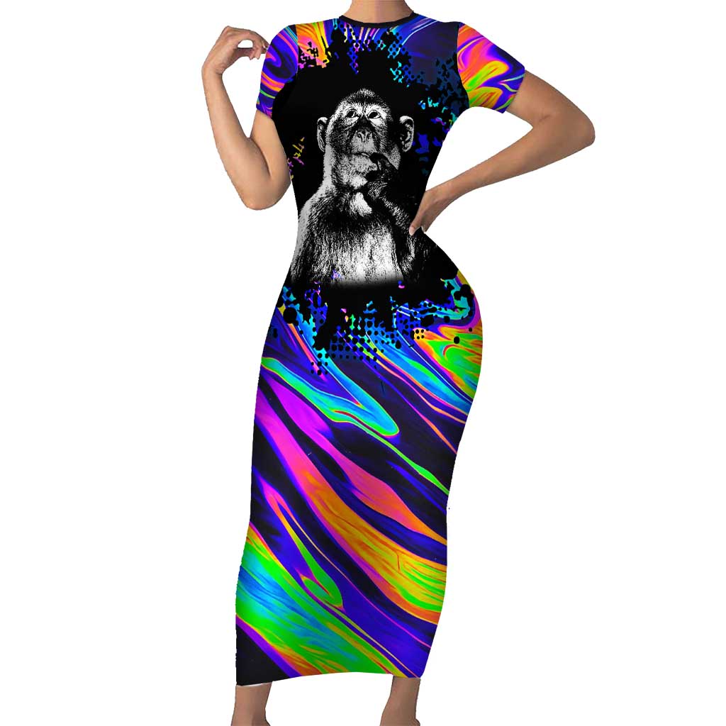 Funny Psychedelic Monkey Thinker Short Sleeve Bodycon Dress Trippy Curiosity Vibes