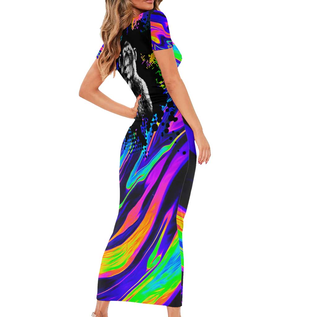 Funny Psychedelic Monkey Thinker Short Sleeve Bodycon Dress Trippy Curiosity Vibes