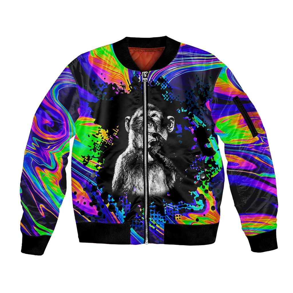 Funny Psychedelic Monkey Thinker Sleeve Zip Bomber Jacket Trippy Curiosity Vibes