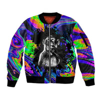 Funny Psychedelic Monkey Thinker Sleeve Zip Bomber Jacket Trippy Curiosity Vibes