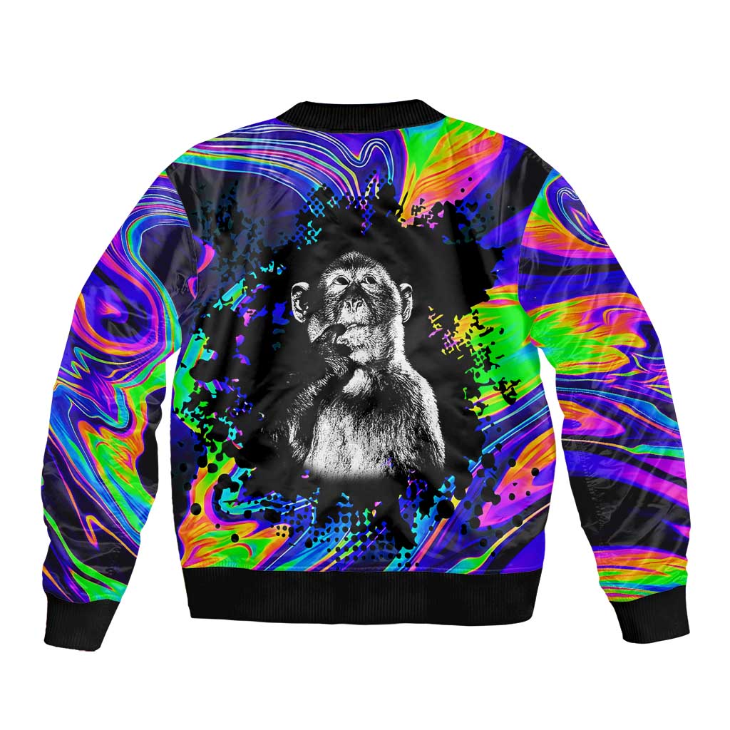 Funny Psychedelic Monkey Thinker Sleeve Zip Bomber Jacket Trippy Curiosity Vibes