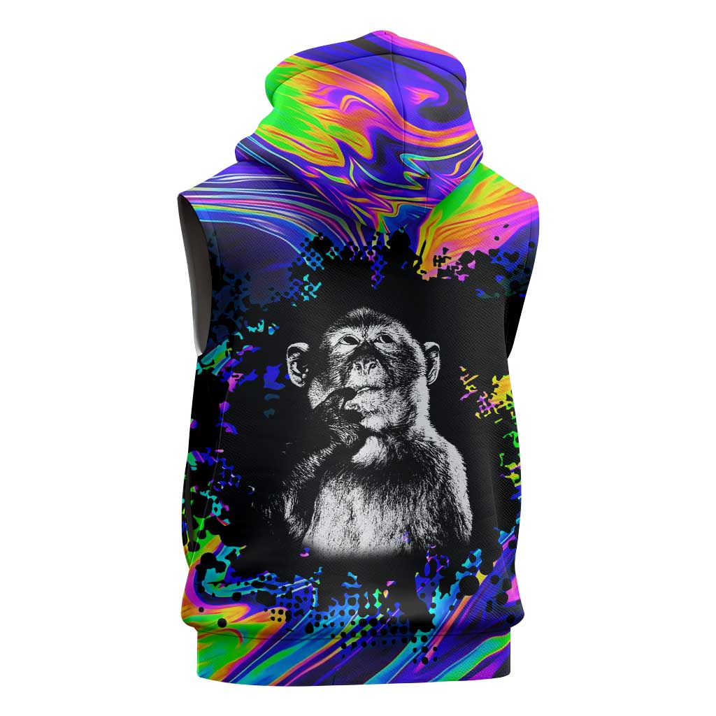 Funny Psychedelic Monkey Thinker Sleeveless Hoodie Trippy Curiosity Vibes