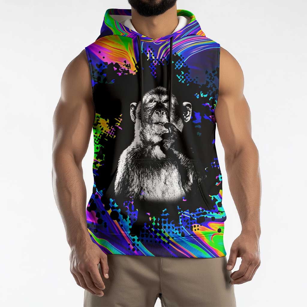 Funny Psychedelic Monkey Thinker Sleeveless Hoodie Trippy Curiosity Vibes