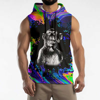 Funny Psychedelic Monkey Thinker Sleeveless Hoodie Trippy Curiosity Vibes