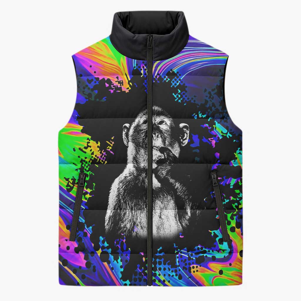 Funny Psychedelic Monkey Thinker Sleeveless Puffer Jacket Trippy Curiosity Vibes