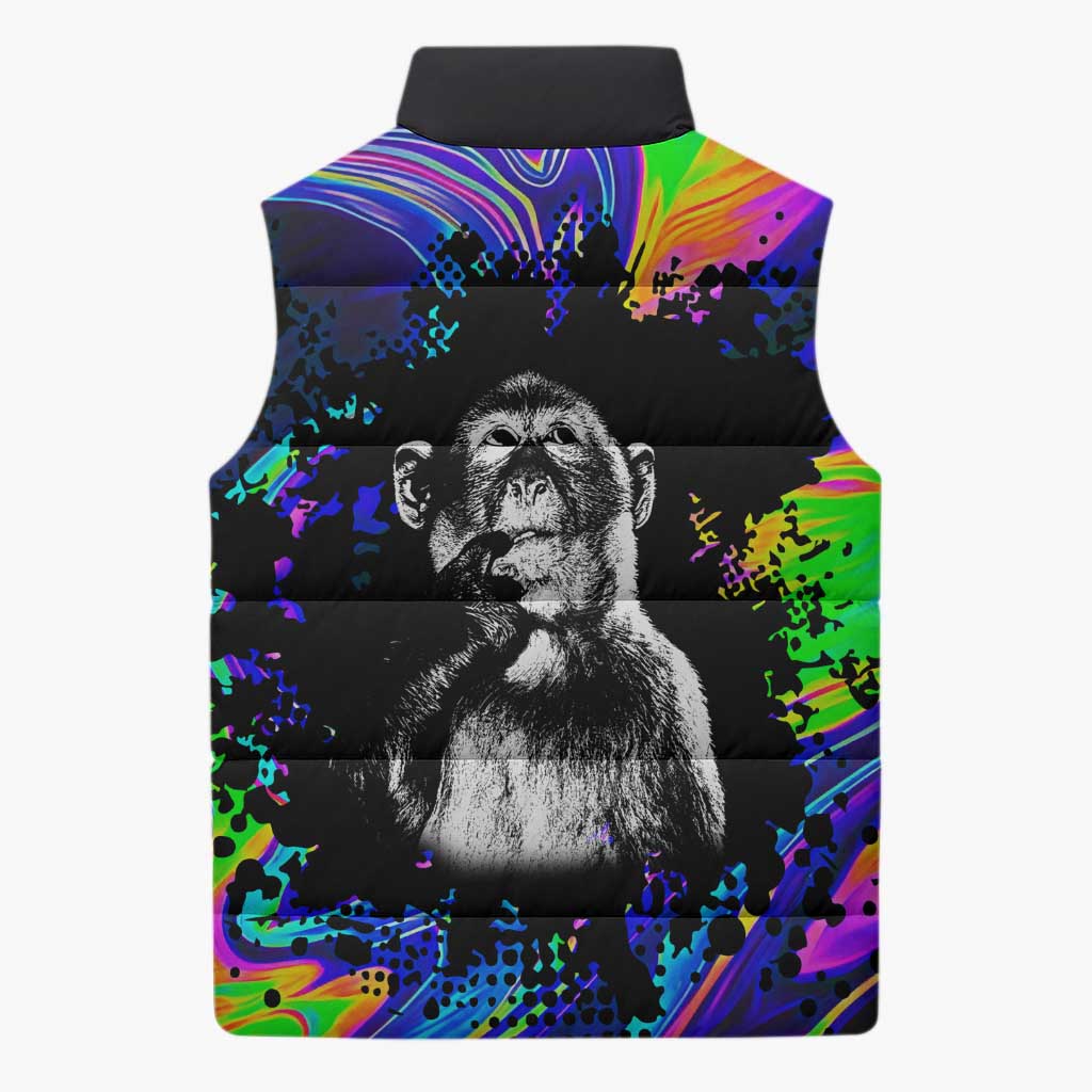Funny Psychedelic Monkey Thinker Sleeveless Puffer Jacket Trippy Curiosity Vibes