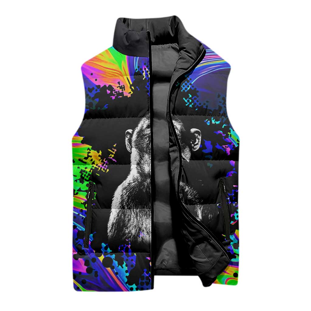 Funny Psychedelic Monkey Thinker Sleeveless Puffer Jacket Trippy Curiosity Vibes