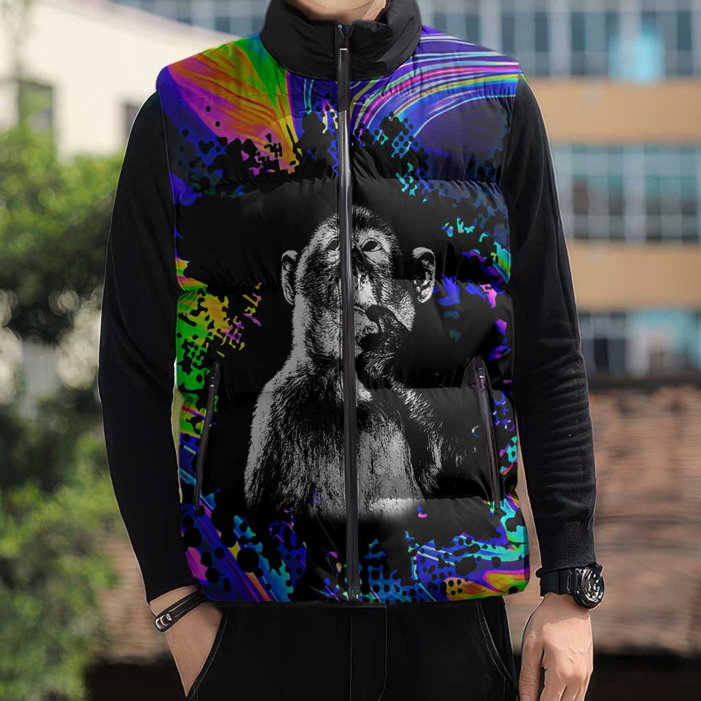 Funny Psychedelic Monkey Thinker Sleeveless Puffer Jacket Trippy Curiosity Vibes