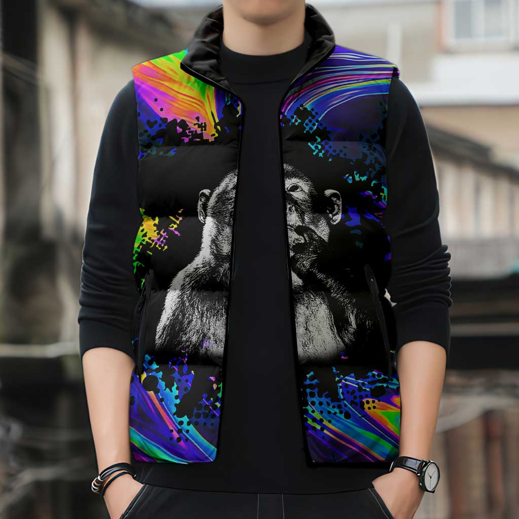 Funny Psychedelic Monkey Thinker Sleeveless Puffer Jacket Trippy Curiosity Vibes